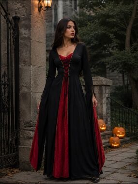 Halloween Black & Red Gothic Lace-Up Evening Dress